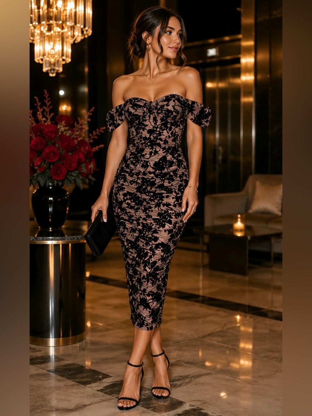 Floral Velvet Mesh Ruched Midi Dress Off Shoulder Bodycon Nude Black Size Large